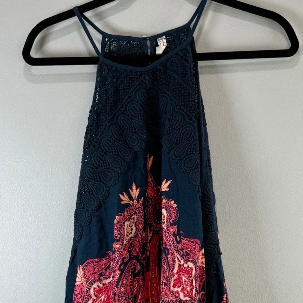 Free People Intimately Navy Paisley Crochet Lace Halter Mini Dress Size M